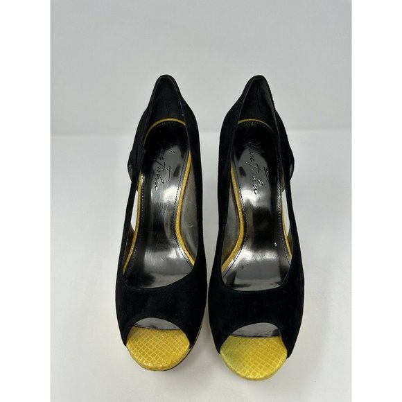 Marc Fisher Black and Yellow Peep Toe Heels with Red Stiletto - Picture 5 of 7